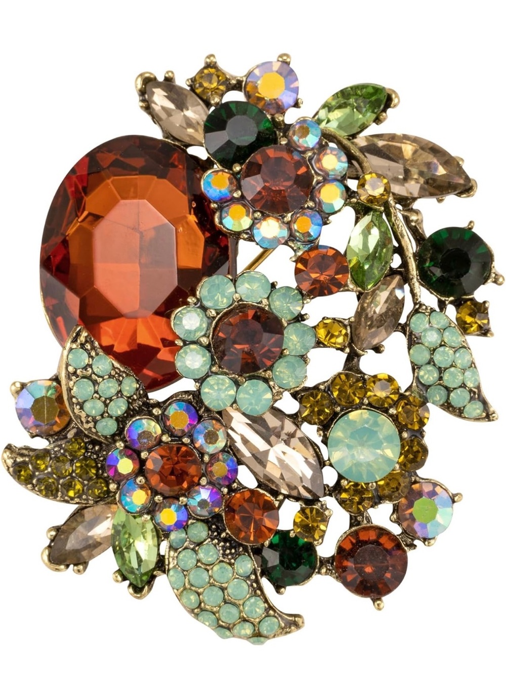 Vintage-Inspired Multi Gem Floral Brooch - Green & Amber NEW